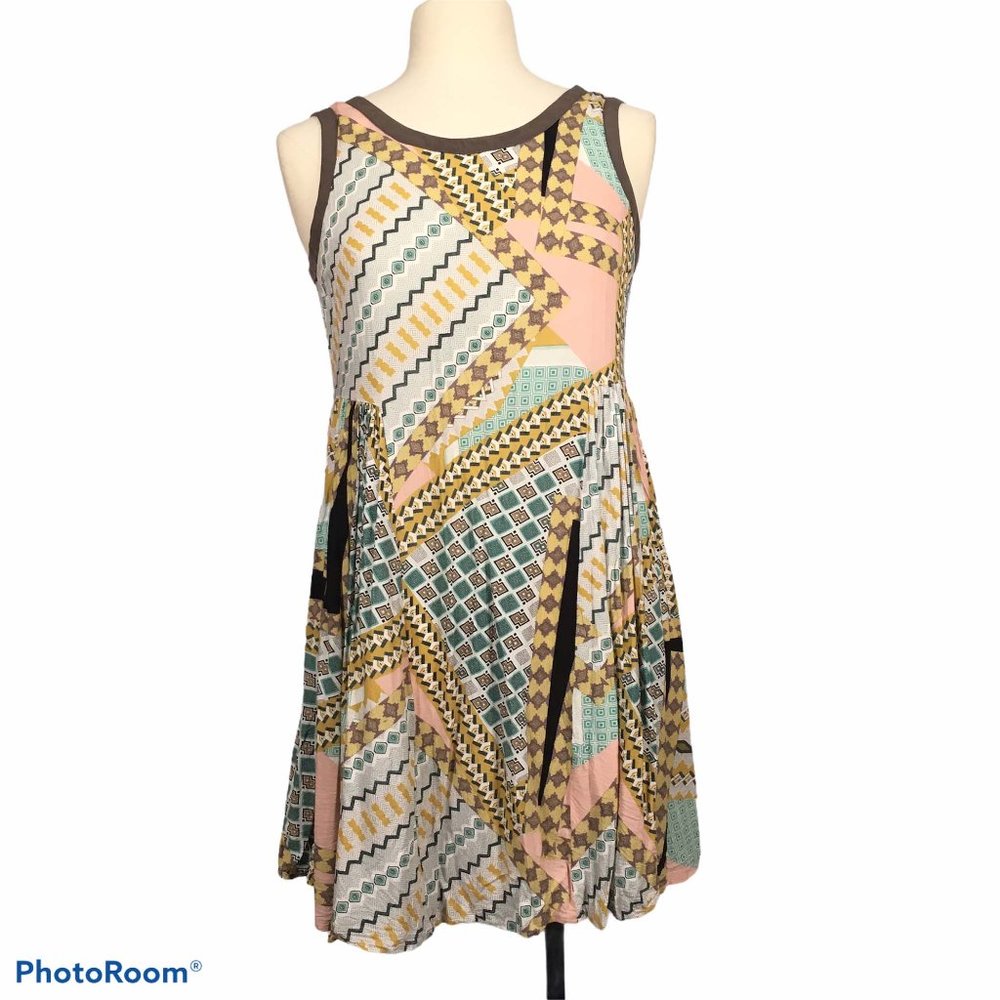 Brown Yellow Teal‎ Pattern Rayon Sleeveless Dress S